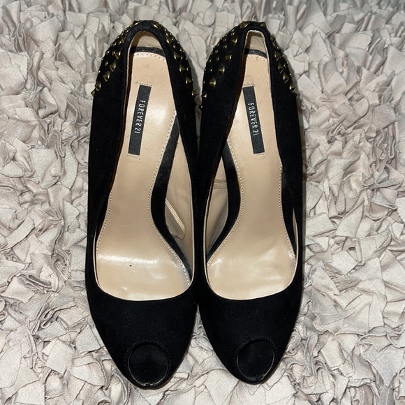 Peep Toe Black Studded Pumps - Picture 2 of 6